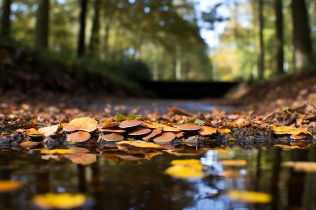 a puddle of water with leaves on the ground