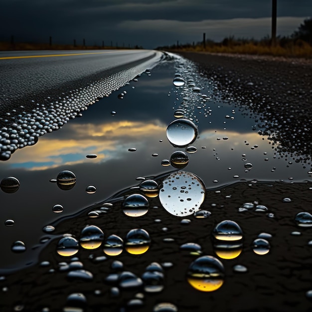 A puddle of water with the sky in the background