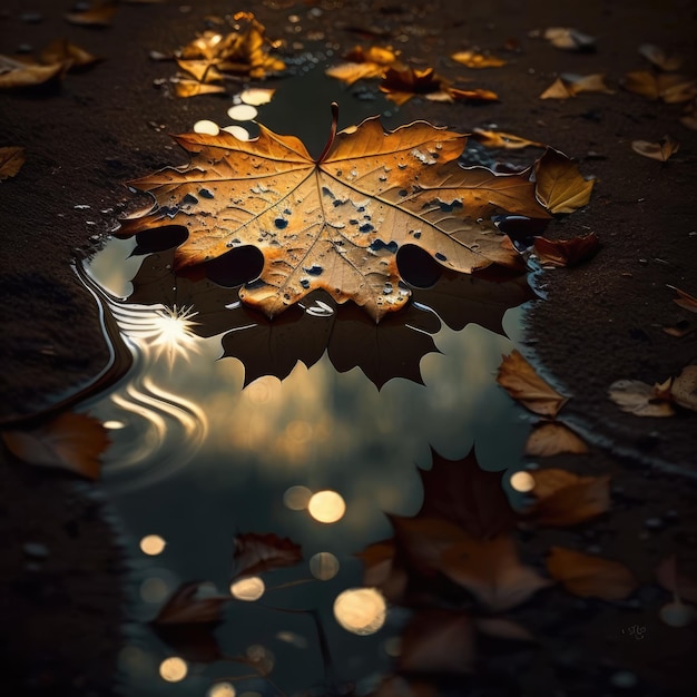 A puddle with leaves on it and the light is shining generative ai