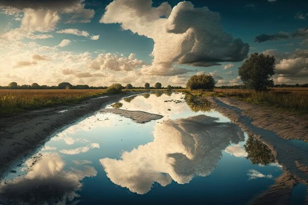 Foto pozzanghera con riflesso di cielo e nuvole in un ambiente tranquillo e pacifico