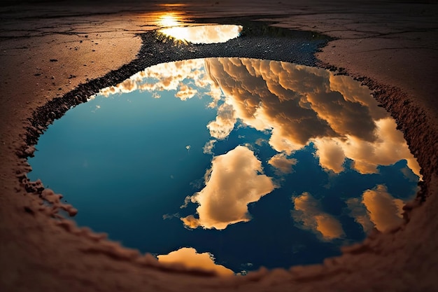 Puddle with a reflection of the sky and clouds