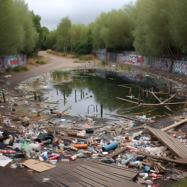 Puddles of water in city parks with plastic waste