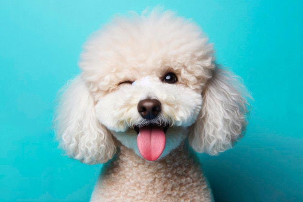 Photo pudel dog winking and sticking out tongue on solid color bright background