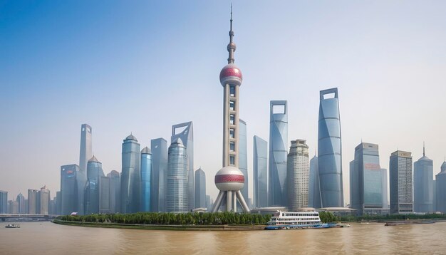 Foto pudong fiume moderno skyline urbano grattacieli nel centro della città di shanghai cina di giorno