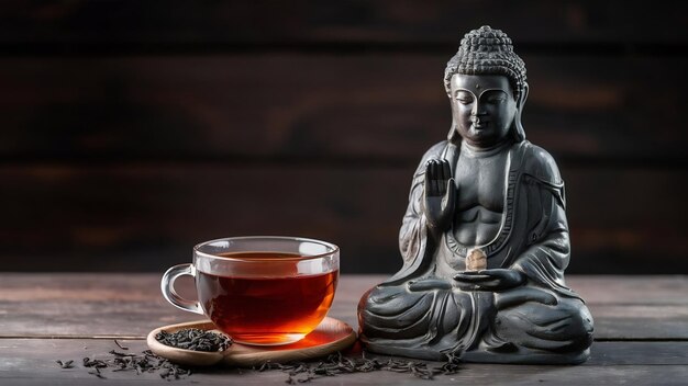 Photo puer tea with buddha statue on dark background traditional chinese tea