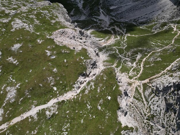 Puez pass Aerial view of Dolomites Alps near Alta Badia TrentinoAltoAdige region Italy Summer season