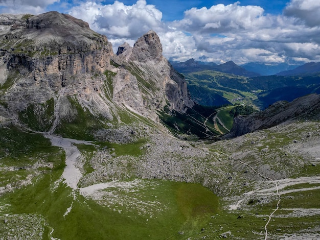 Puez pass Aerial view of Dolomites Alps near Alta Badia TrentinoAltoAdige region Italy Summer season