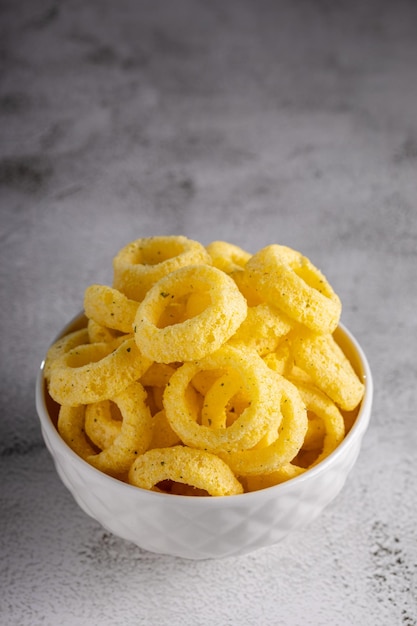 Puff corn rings in the bowl