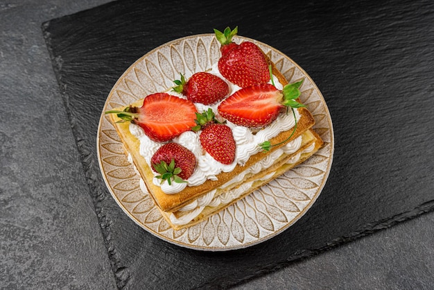 Puff pastry cake with whipped curd cream and fresh strawberries on a black background