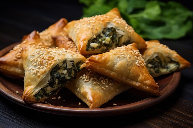 Puff pastry with spinach and feta cheese on a wooden background