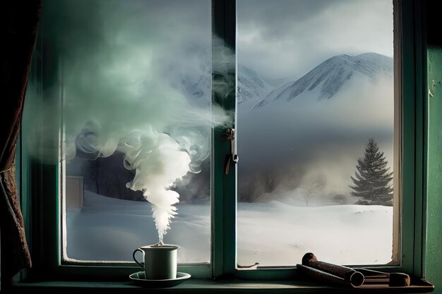 Puff of smoke from the window with view of snowy landscape