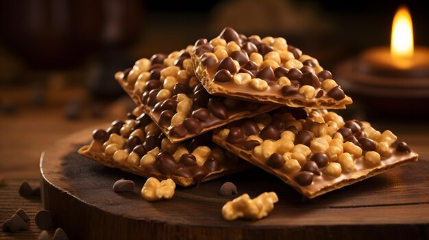 Puffed corn crackers chocolate covered on wooden table