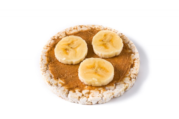 Puffed rice cake with banana and peanut butter