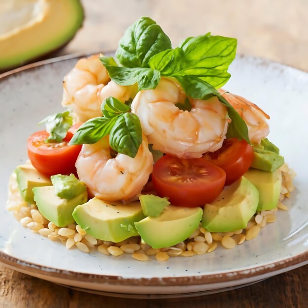 Photo puffed rice cakes topped with shrimp avocado and cherry tomatoe