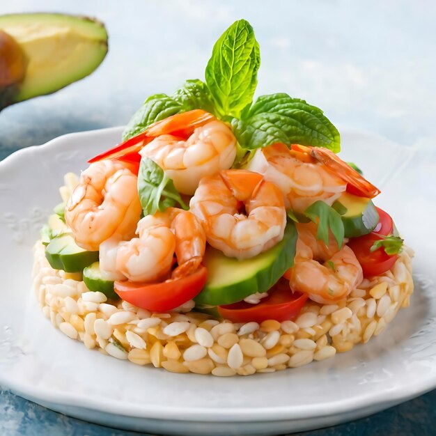 Photo puffed rice cakes topped with shrimp avocado and cherry tomatoe