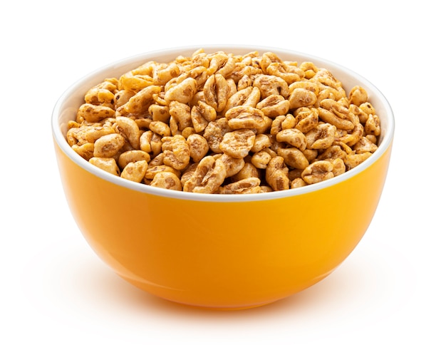 Puffed wheat cereal in yellow bowl