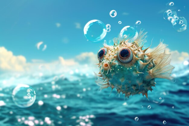 Photo a puffer fish gracefully floats in the ocean surrounded by bubbles a whimsical blowfish playfully blowing bubbles at the sea surface ai generated