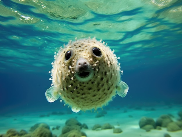 a puffer fish swimming in the water