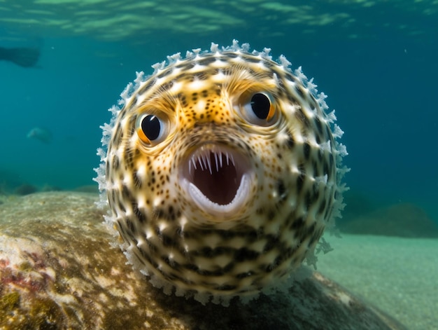 A puffer fish with a mouth open and a mouth open.