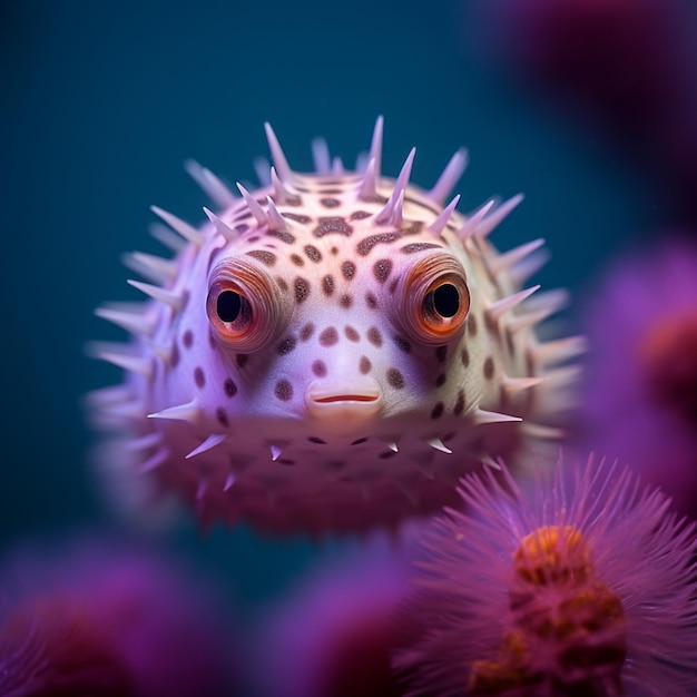 Рыба фугу с шипастой головой окружена фиолетовыми цветами.