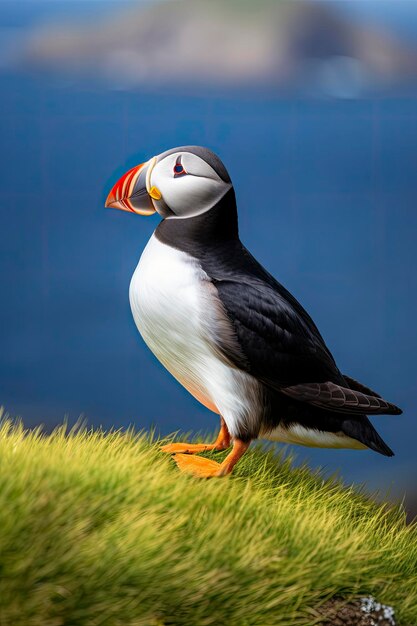 Puffin bird on a green grass patch