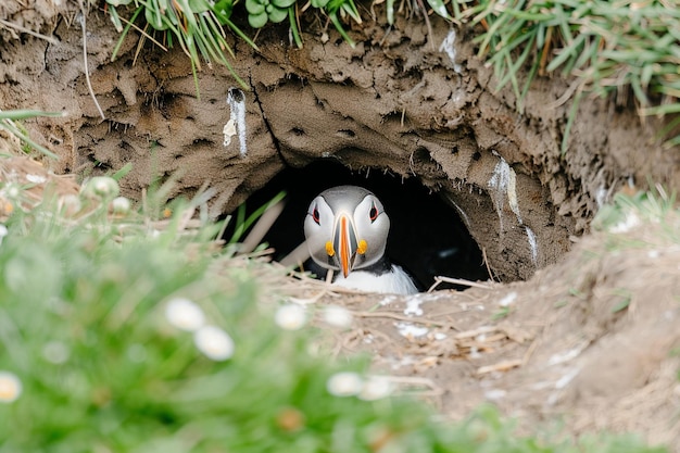 A puffin emerging from its burrow