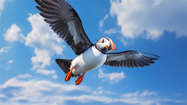 A puffin flying in the sky with clouds