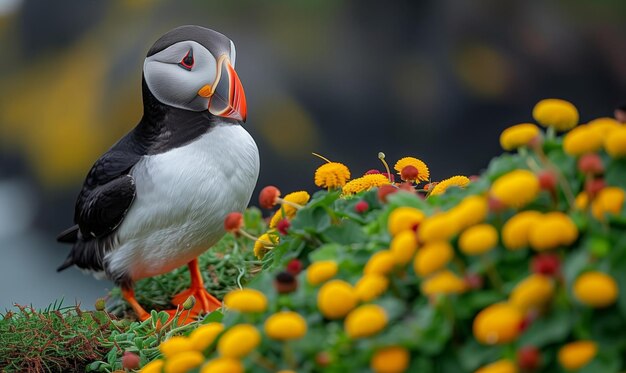 A puffin standing in the mountains against the background of the mountains and the sea