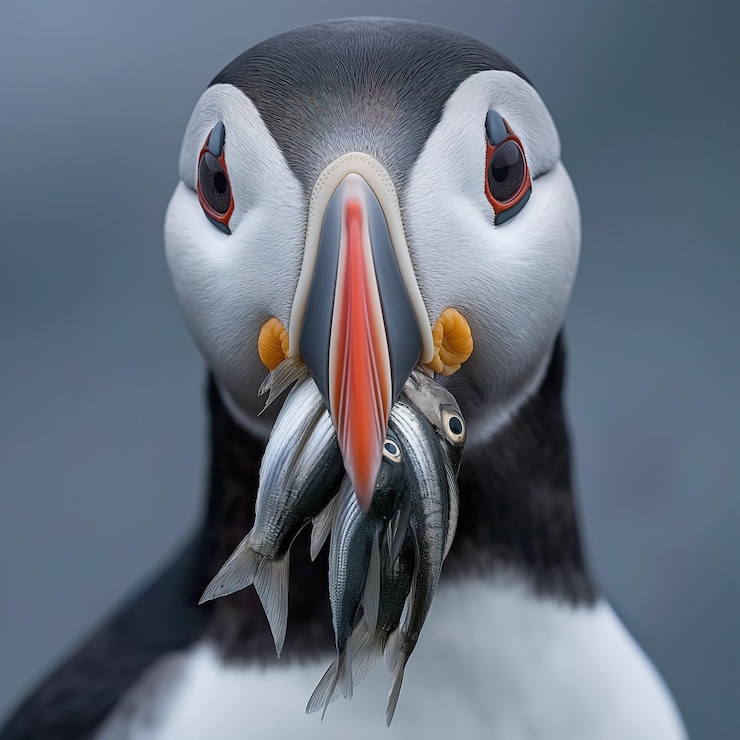 Photo puffin with fish in its beak closeup