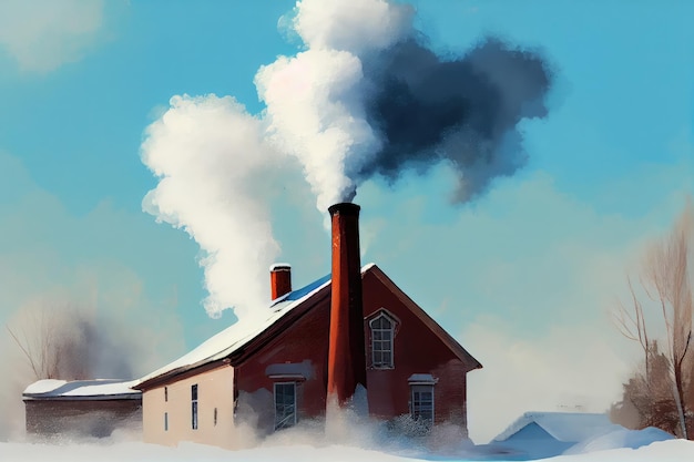 Puffs of smoke rising from the chimney on a calm winter day