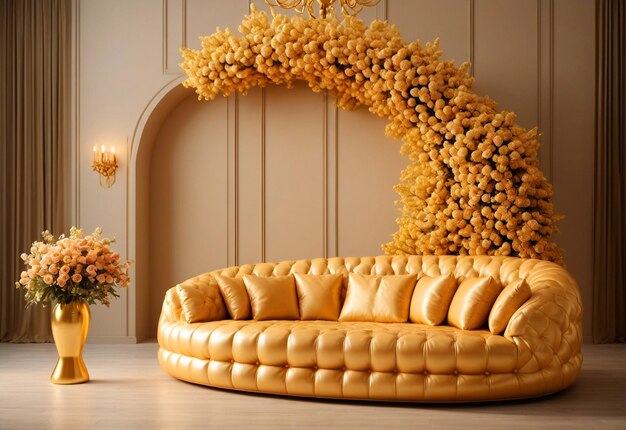 Puffy curved sofa in spacious room With chandelier in front of sofa And flower vase