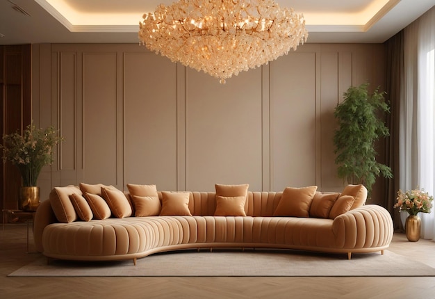 Puffy curved sofa in spacious room With chandelier in front of sofa And flower vase