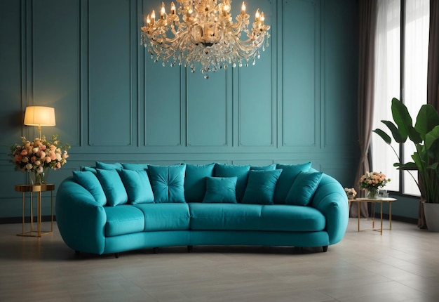 Puffy curved sofa in spacious room With chandelier in front of sofa And flower vase