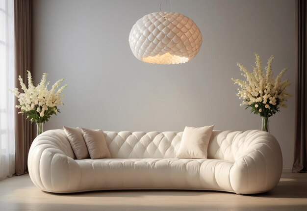 Puffy Curved Sofa In Spacious Room With Chandelier In Front Of Sofa And Flower Vase