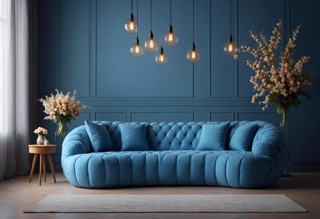 Puffy Curved Sofa In Spacious Room With Chandelier In Front Of Sofa And Flower Vase