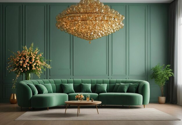 Puffy Curved Sofa In Spacious Room With Chandelier In Front Of Sofa And Flower Vase