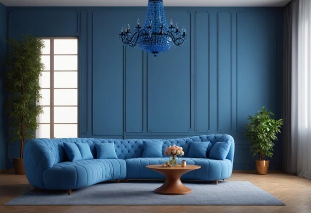 Puffy Curved Sofa In Spacious Room With Chandelier In Front Of Sofa And Flower Vase