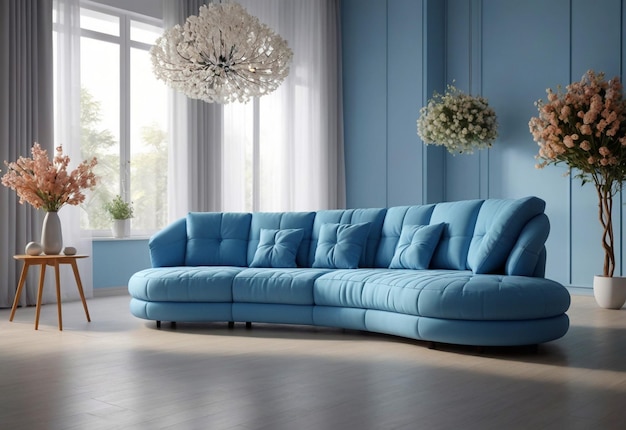 Надутый изогнутый диван в просторной комнате с люстрами перед диваном и цветочной вазой