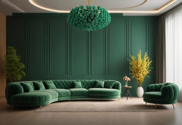 Puffy Curved Sofa In Spacious Room With Chandelier In Front Of Sofa And Flower Vase