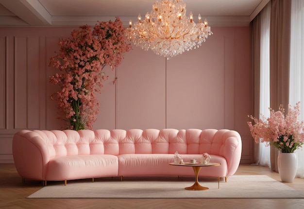 Puffy curved sofa in spacious room With chandelier in front of sofa And flower vase