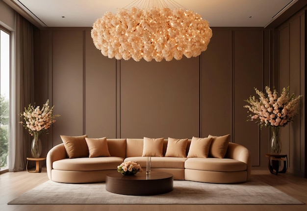 Puffy curved sofa in spacious room With chandelier in front of sofa And flower vase