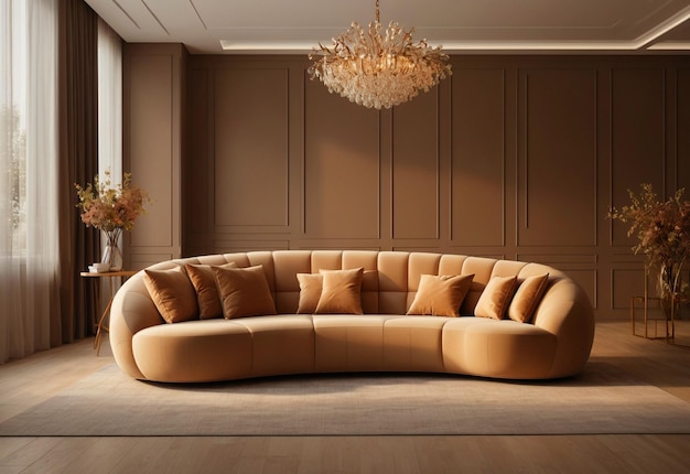 Puffy curved sofa in spacious room With chandelier in front of sofa And flower vase