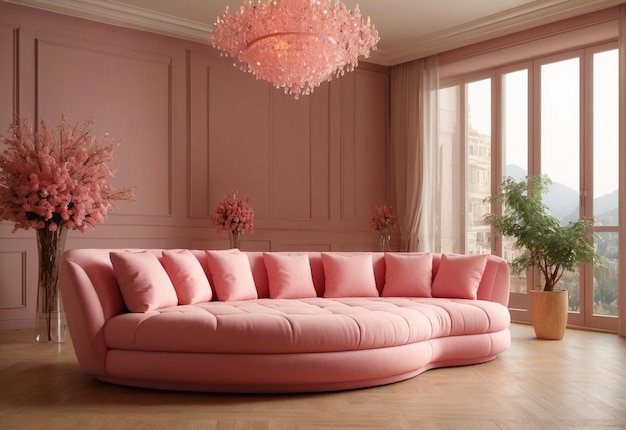 Puffy curved sofa in spacious room With chandelier in front of sofa And flower vase