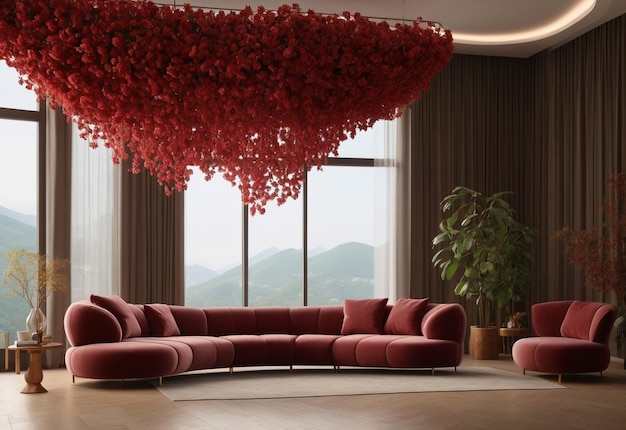 Puffy curved sofa in spacious room With chandelier in front of sofa And flower vase