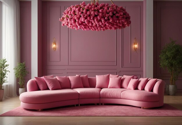 Puffy curved sofa in spacious room With chandelier in front of sofa And flower vase