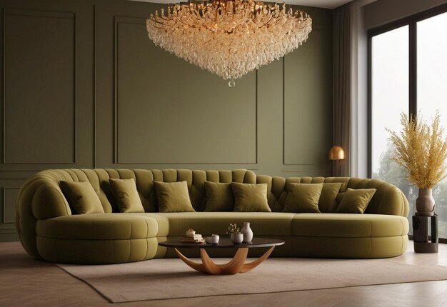 Puffy curved sofa in spacious room With chandelier in front of sofa And flower vase