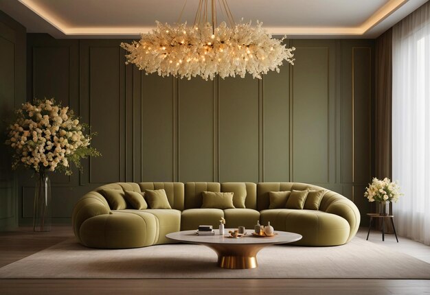Puffy curved sofa in spacious room With chandelier in front of sofa And flower vase