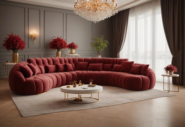 Puffy curved sofa in spacious room With chandelier in front of sofa And flower vase