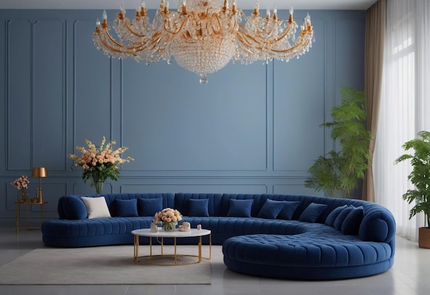 Надутый изогнутый диван в просторной комнате с люстрами перед диваном и цветочной вазой
