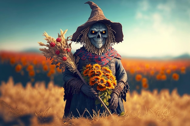 Puffy scarecrow with bouquet of flowers and broom stands on field on sunny day